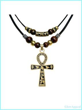 Egyptian Ankh Cross Pendant Necklace Stainless Steel Hieroglyphic Symbol 20in